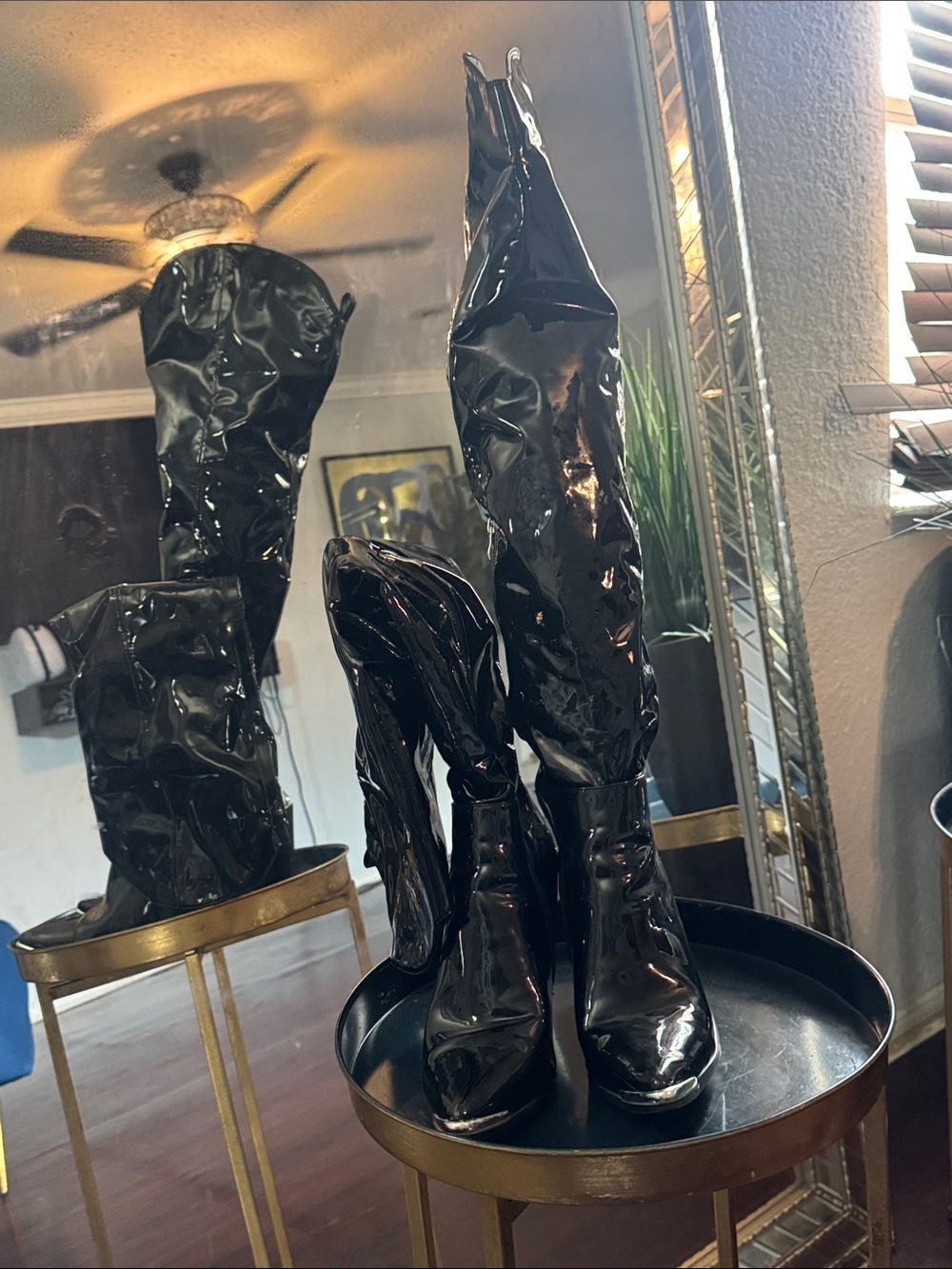 Womens Black Patent High-Heel THIGH High Boots